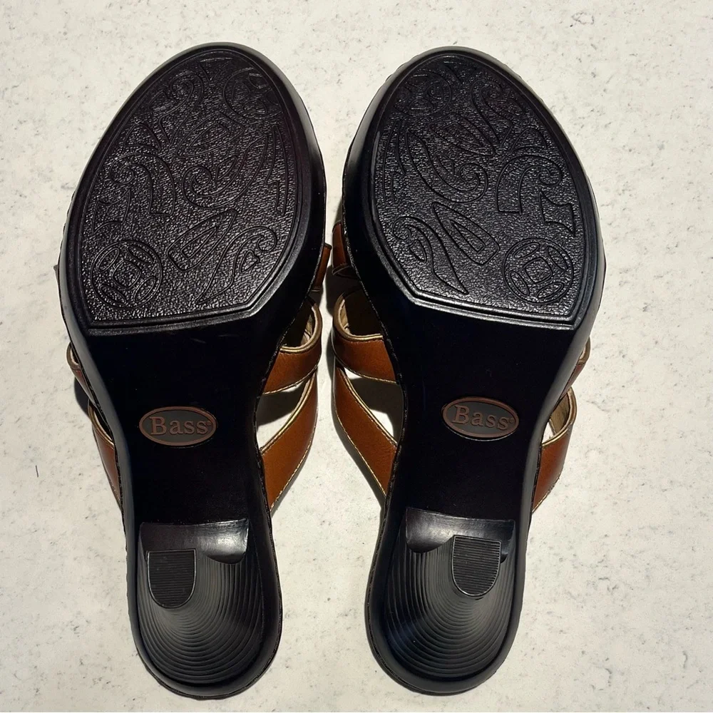 Bass Women's Sz 10 Brown Classic Vacation Travel Leather 3in Heel Slide Sandals